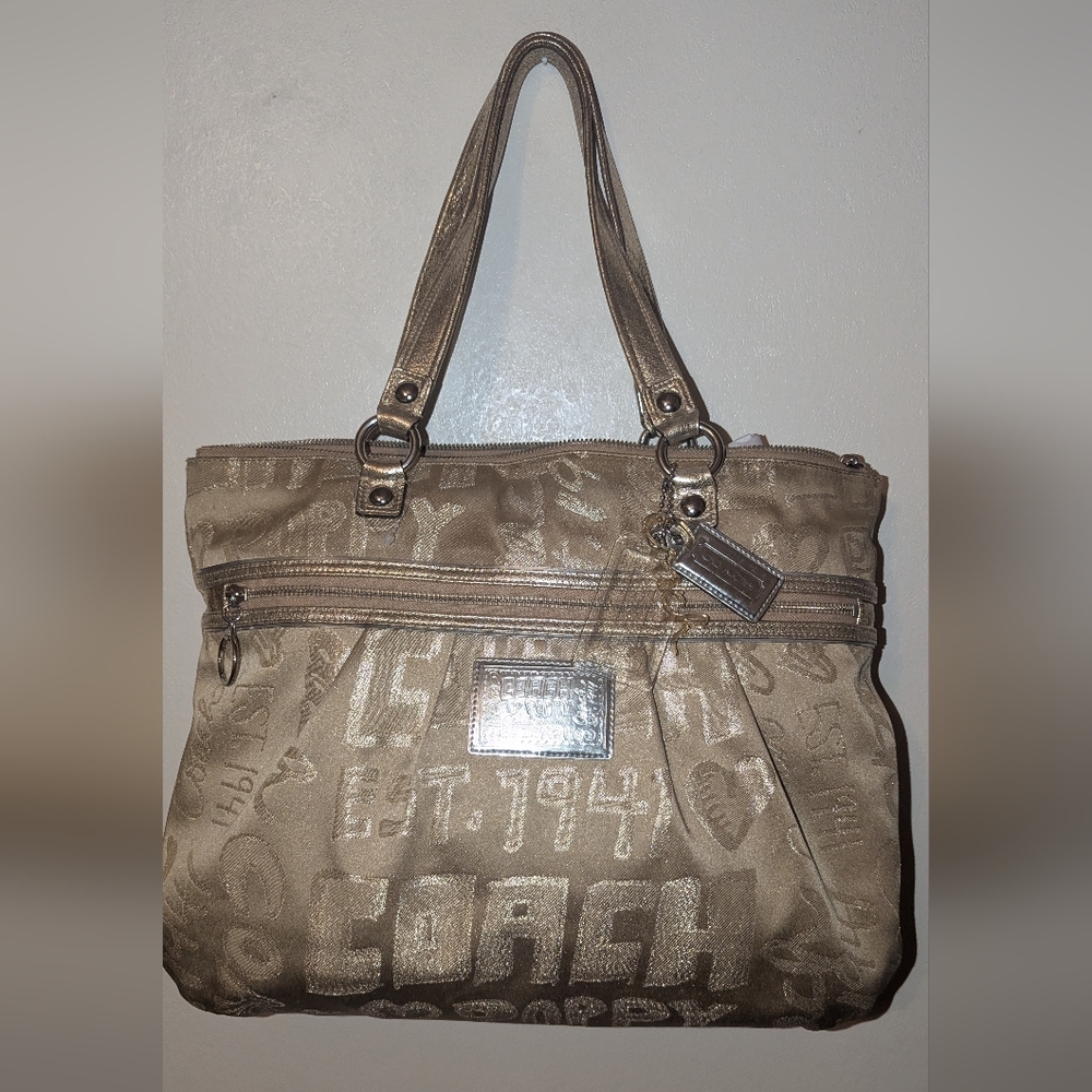 Coach Poppy Storypatch Glam Tote 15301 Limited Edition Khaki Gold EUC